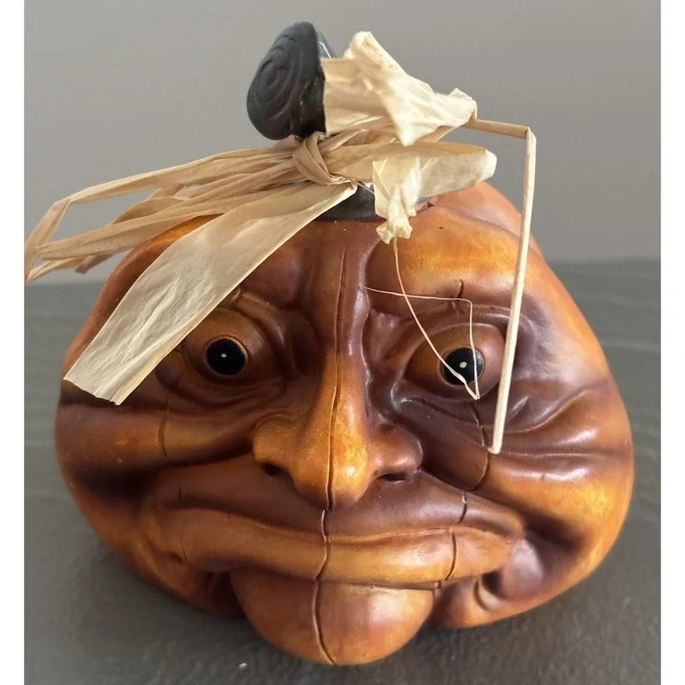 Set of 3 Small Halloween Expressive Pumpkins Decor Human Face Grumpy Gus Resin